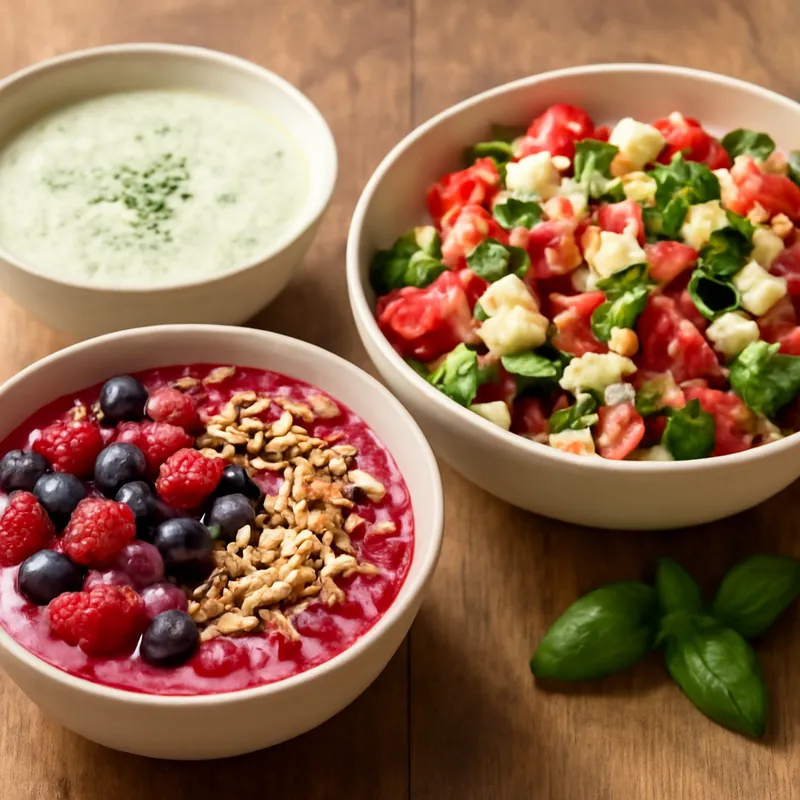 Mediterraner Sommersalat mit kalter Gurkensuppe und Beeren-Smoothie Bowl – Das perfekte erfrischende Sommermenü