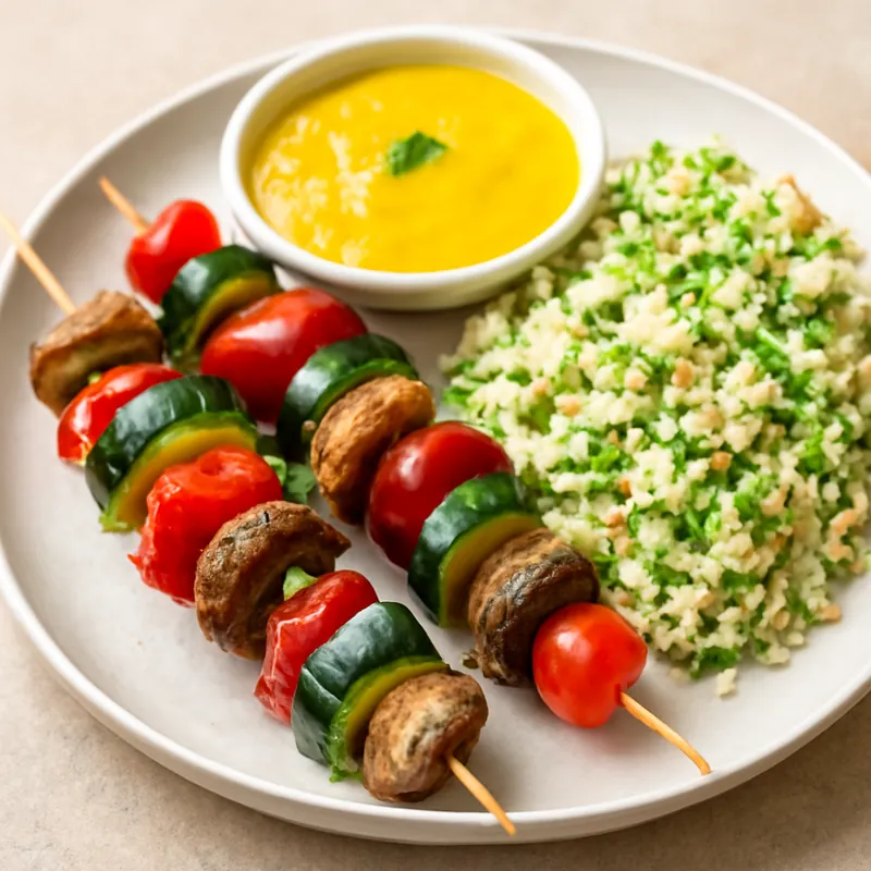 Vegane gegrillte Gemüsespieße mit fruchtigem Mango-Dip und leichter Couscous-Beilage