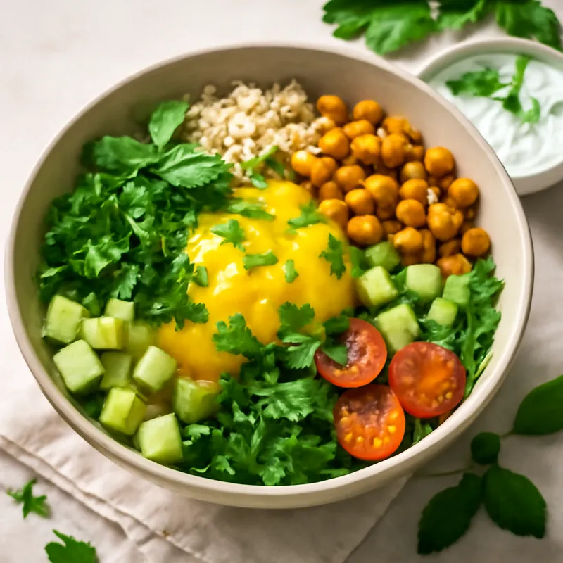 Vegane sommerliche Kräuter-Bowl mit fruchtigem Dressing – das perfekte leichte Gericht