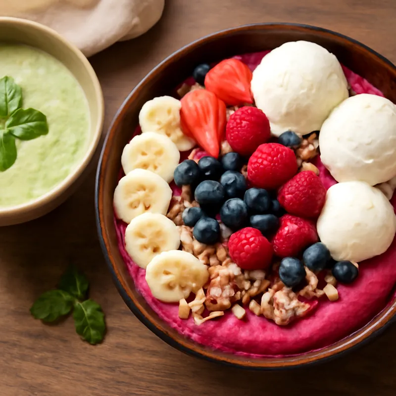 Sommerliche kalte Gurken-Avocado-Suppe und Beeren-Smoothie Bowl mit zuckerfreier Vanille-Eiscreme