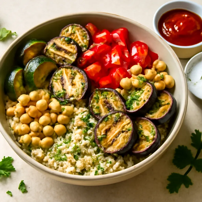 Sommerliche vegane Grill-Bowl mit fruchtiger BBQ-Sauce & Kräuter-Dips