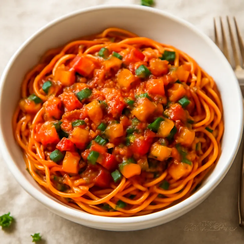 Vegan Nudeln mit Tomatensoße und extra Gemüse – einfach und gesund